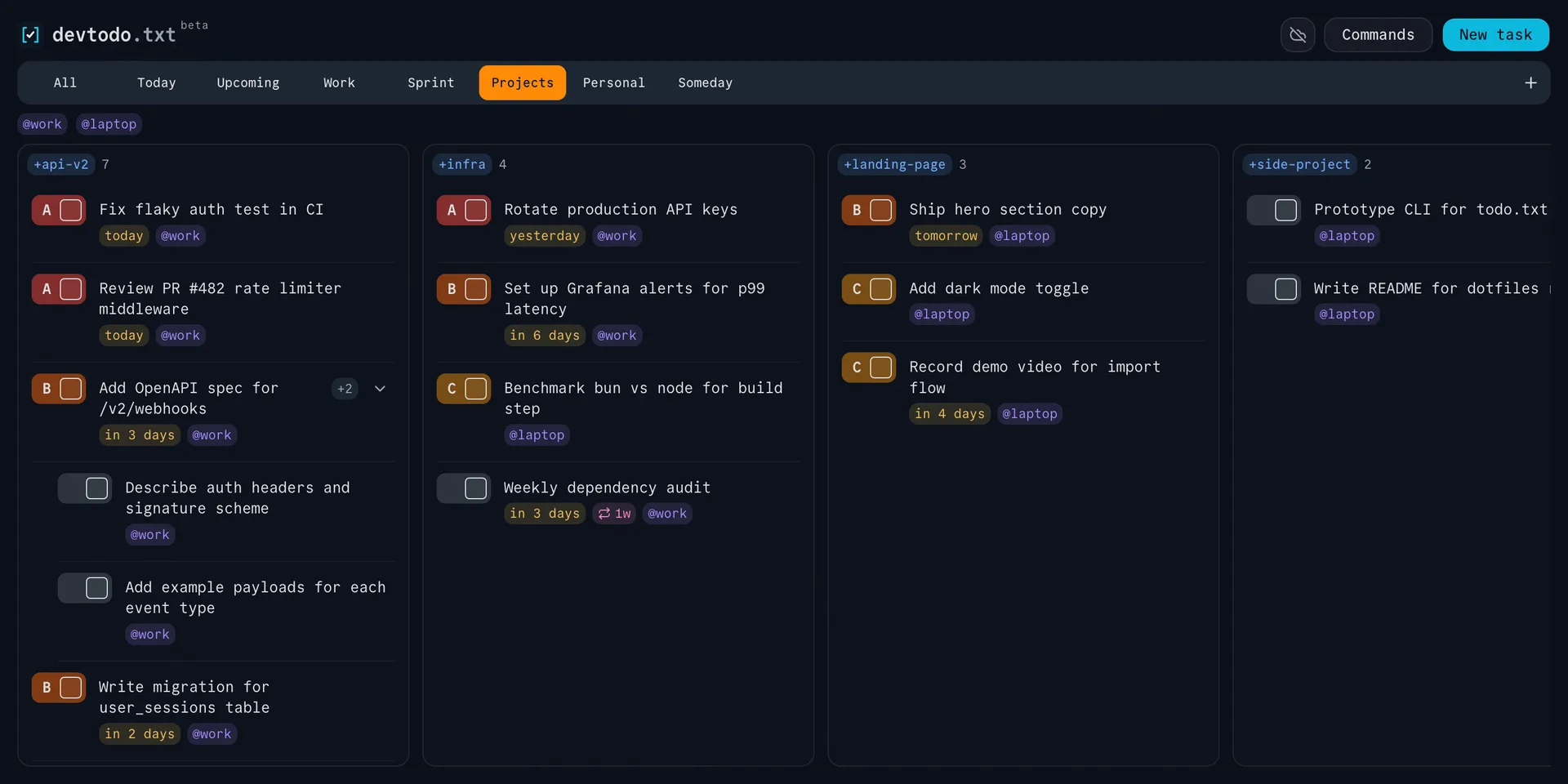 devtodo.txt desktop app showing the Projects board, one column per project