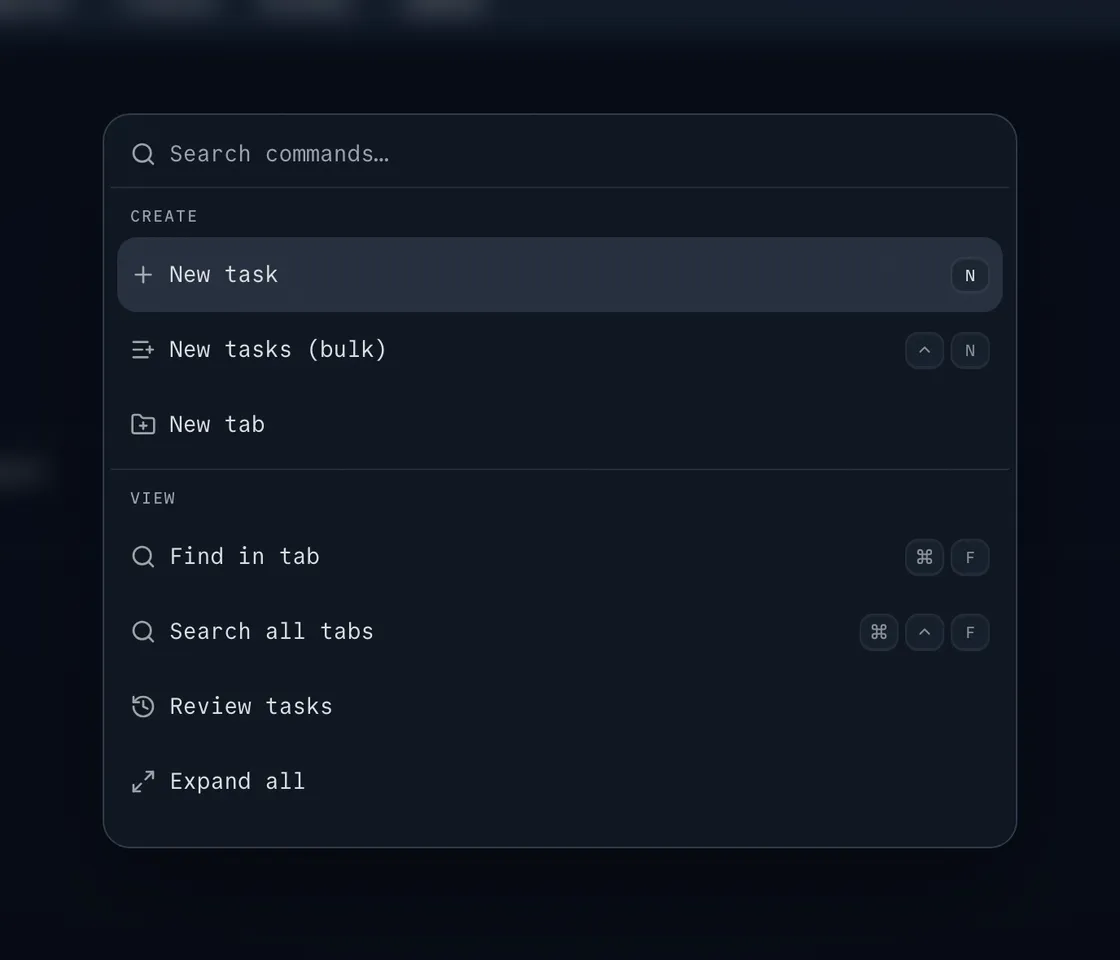 The command palette, opened with ⌘K, listing New task, New tab, Find in tab and more