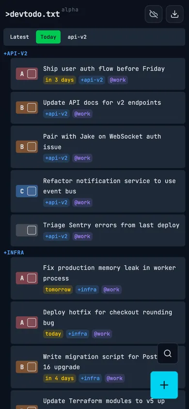 devtodo.txt mobile app screenshot