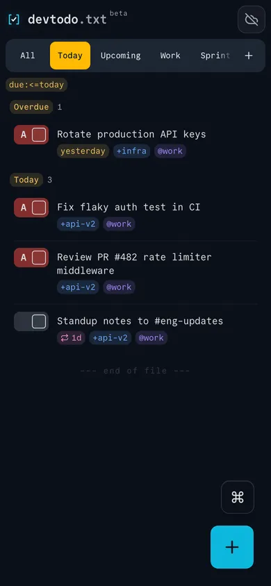 devtodo.txt on a phone, showing the Today view