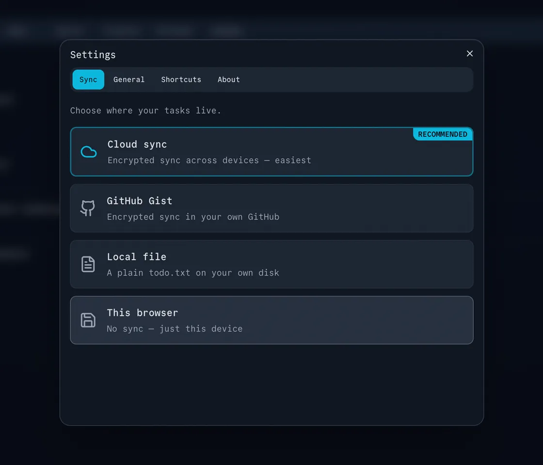 Sync settings with four storage options: Cloud sync, GitHub Gist, Local file, This browser